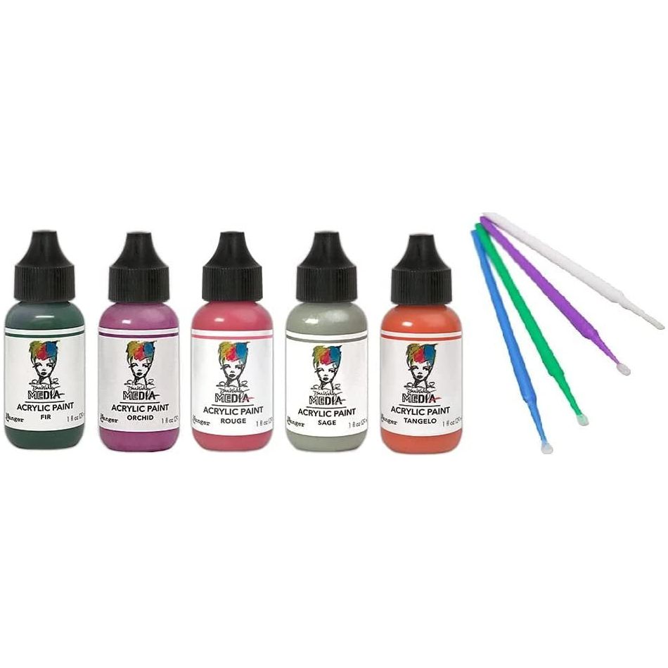 PTP Flash Deals Ranger Acrylic Paint Bundle - 5 Dina Wakley Media Acrylic Paints Blending Sticks (Rouge, Orchid, Fir, Sage, Tangelo)