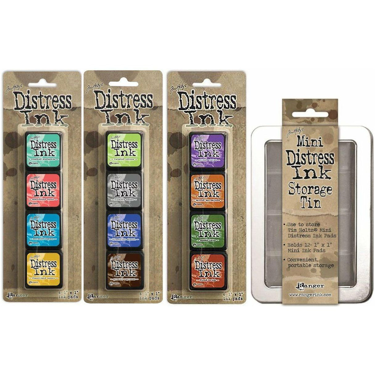 Ranger Tim Holtz Distress Mini Ink Pad Kits with Storage Tin - #13, #14, #15 - Bundle of 4