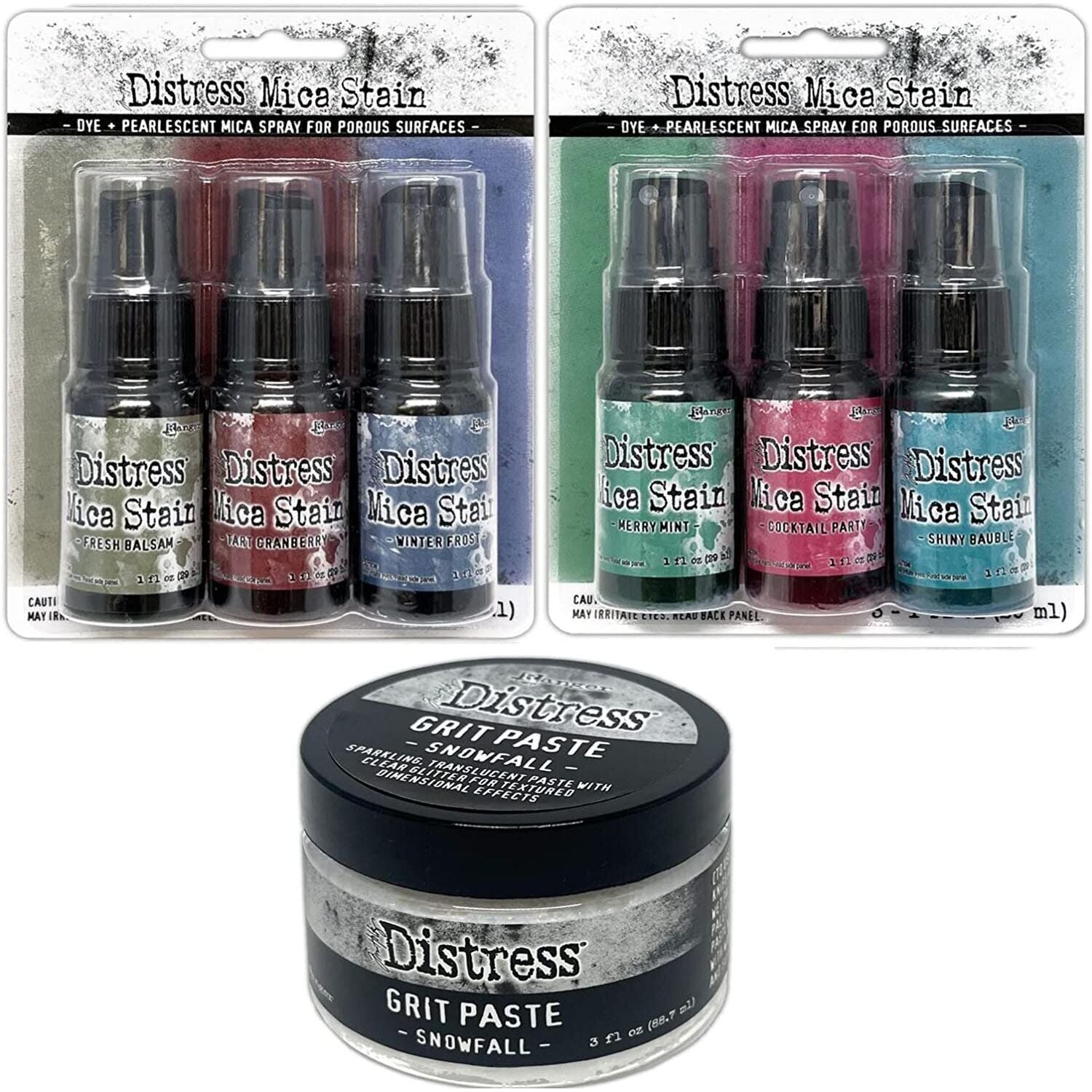 Tim Holtz 2022 Holiday Mica Stains Sets #3 and #4 and Holiday Snowfall Grit Paste - Limited Edition - 3 Item Bundle, Pack of 1, 1.0 fluid_ounces