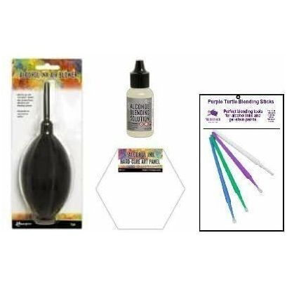 Ranger Alcohol Ink Accessories Bundle - Includes Alcohol Ink Air Blower, 3 pk Hard-Core Art Panels, Mini Blending Solution and PTP Flash Deals Blending Sticks