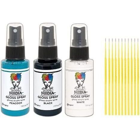 Trebbies Dina Wakley Media Gloss Spray Bundle - Peacock, Black, and White Media Gloss Spray Detail Sticks