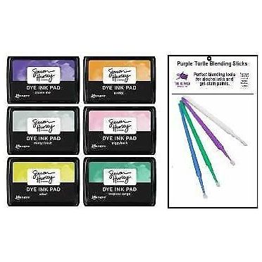 Ranger Simon Hurley Bundle - 6 Dye Ink Pad Collection (Minty Fresh, Piggyback, Guppy, Crown Me, Tropical Tango, Sike!) with PTP Flash Deals Blending Sticks