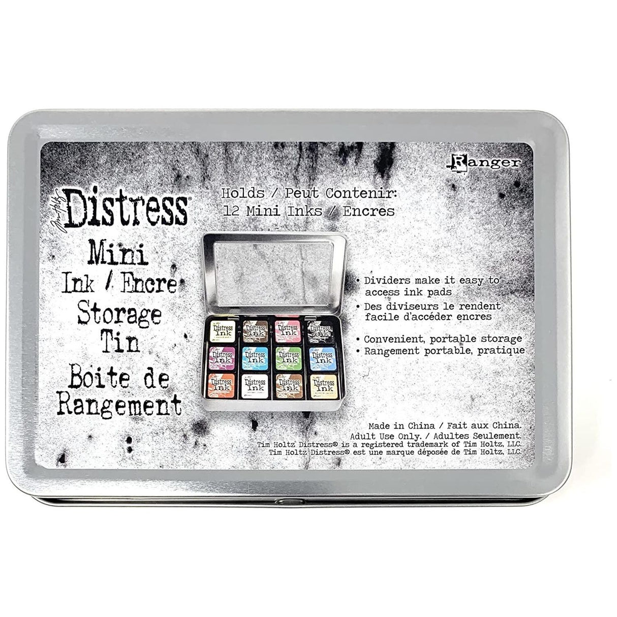 Tim Holtz Mini Distress Ink Kit #16, Speckled Egg, Kitsch Flamingo, Crackling Campfire, Rustic Wilderness and Distress Mini Ink Storage Tin, Bundle of 2 Items