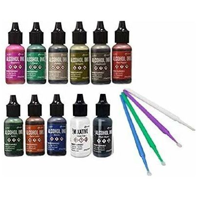Ranger Tim Holtz Alcohol Ink Bundle - 11 Pc. Terrain Set - Rustic Lodge, Tuscan Garden, Valley Trail, Pitch Black and Snow Cap with Bonus PTP Blending Sticks