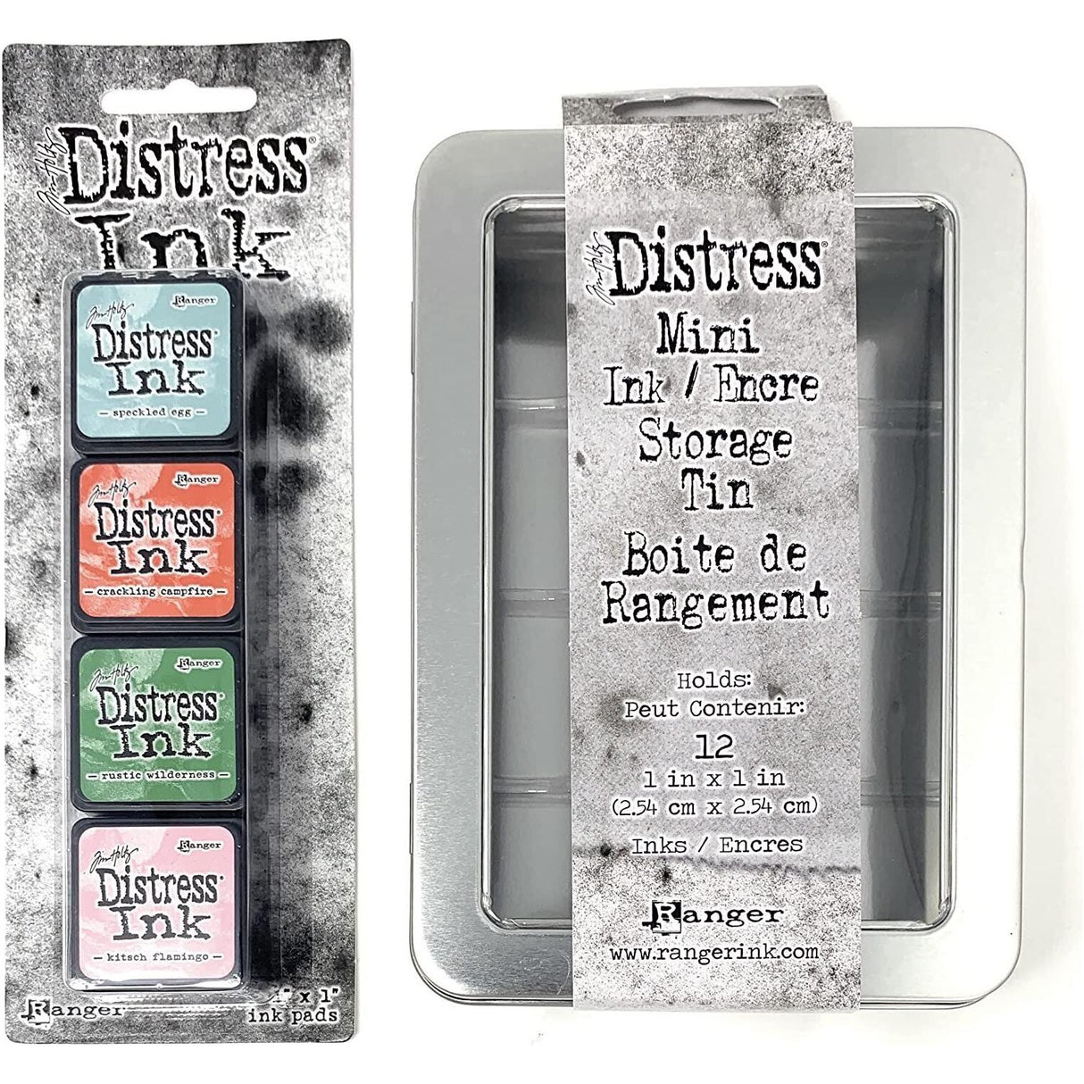 Tim Holtz Mini Distress Ink Kit #16, Speckled Egg, Kitsch Flamingo, Crackling Campfire, Rustic Wilderness and Distress Mini Ink Storage Tin, Bundle of 2 Items