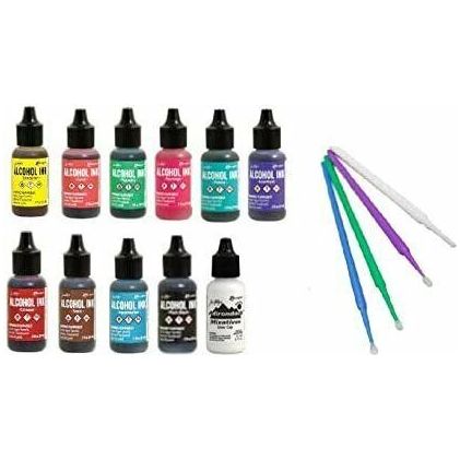 Ranger Tim Holtz Alcohol Ink Bundle - 11 Pc. Tropics Set - Beach Deco, Key West, Rodeo, Pitch Black and Snow Cap with Bonus PTP Blending Sticks