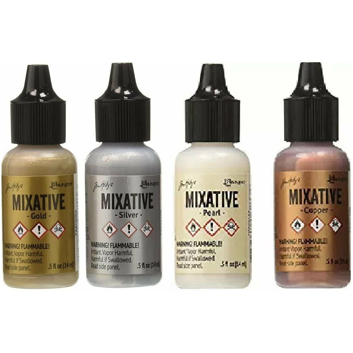 Tim Holtz Ranger Adirondack Alcohol Ink Metallic Mixatives, Bundle of 4 Colors - Pearl, Copper, Silver and Gold