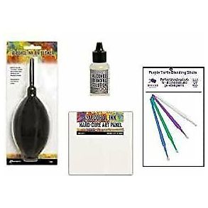 Ranger Alcohol Ink Accessories Bundle - Alcohol Ink Air Blower, 3 pk Square Hard-Core Art Panels, Mini Blending Solution and PTP Flash Deals Blending Sticks