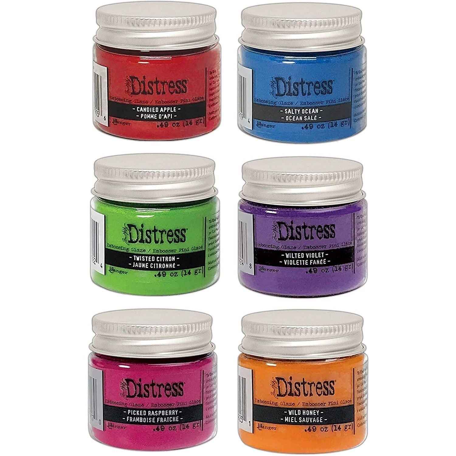 Ranger Ink Tim Holtz Distress Embossing Glaze Bundle 6 Bright Colors, Candied Apple, Picked Raspberry, Salty Ocean, Twisted Citron, Wild Honey, Wilted Violet