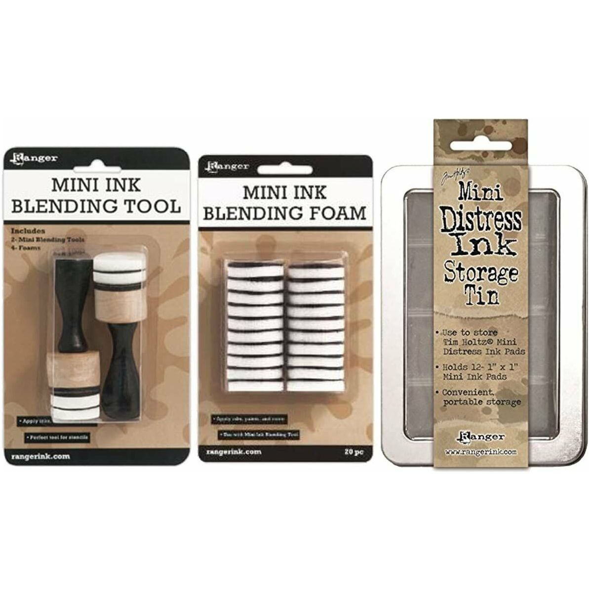 Ranger Mini Ink 1 Inch Blending Tool, Ranger 1-inch Ink Round Ibt40965 Blending Replacement Foams, Mini, 20-pack, and Mini Distress Ink Storage Tin (Bundle of 3)