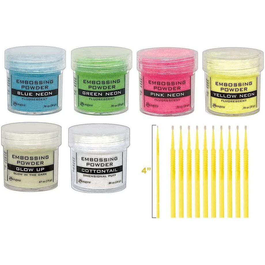 Ranger Neon Embossing Powder Bundle - 4 Fluorescent Colors, Glow Up, Dimensional Puff Plus PTP Detail Sticks