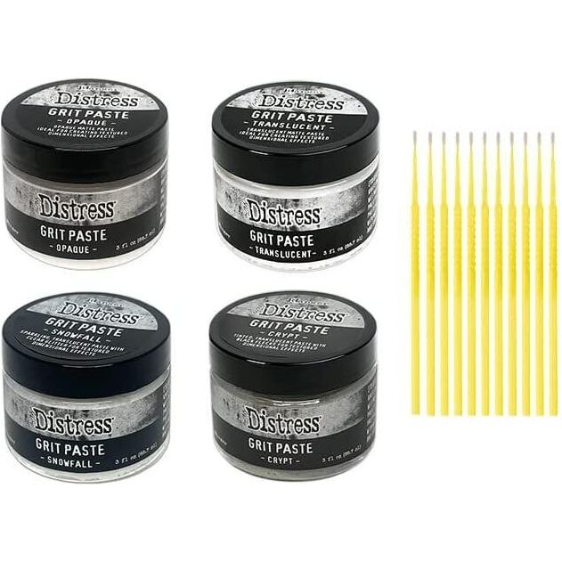 Ranger Distress Grit Paste 4 Pack Bundle - Translucent, Opaque, Snowfall, and Crypt with Trebbies Detail Sticks