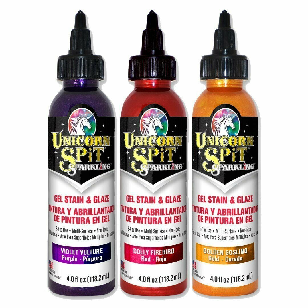 Unicorn SPiT Sparkling - Gel Stain & Glaze - 4oz Sunset Sparkle Collection - Violet Vulture, Dolly Firebird, Golden Gosling