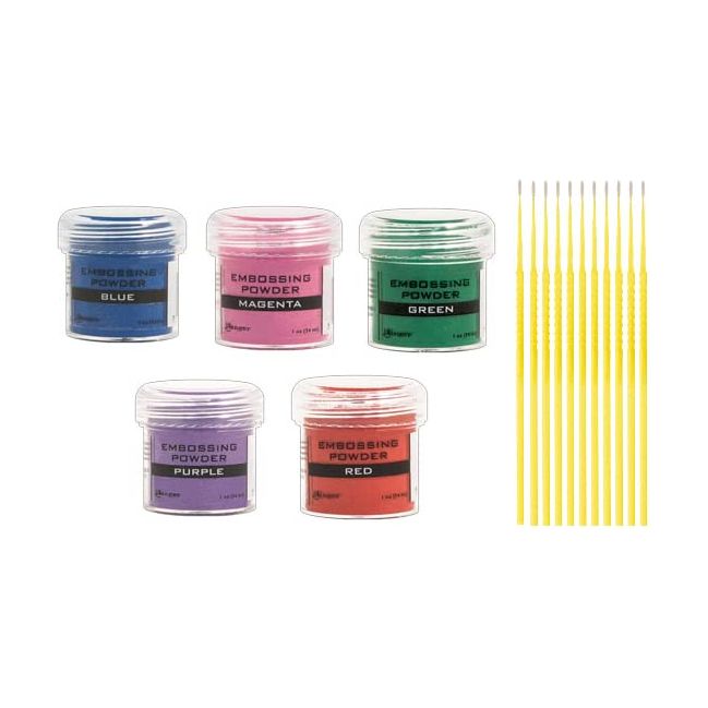Embossing Powder Bundle - Blue, Red, Green, Magenta, Purple Ranger Embossing Powders with Trebbies Detail Sticks
