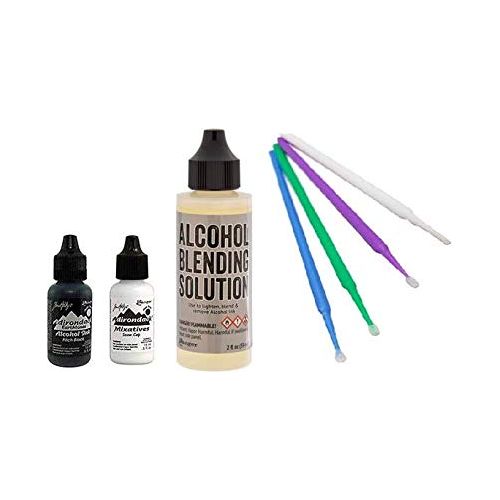 Tim Holtz Bundle - Snow Cap & Pitch Black Mixatives - Alcohol Blending Solution - Purple Turtle Detail Sticks