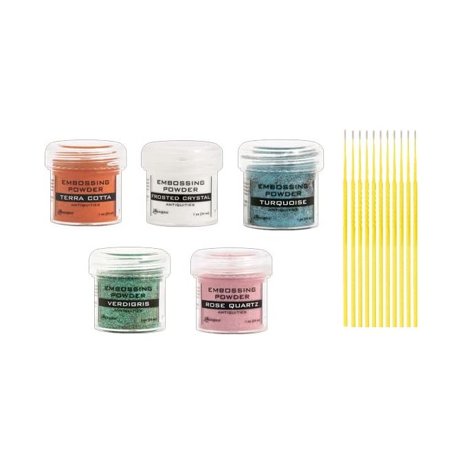 Embossing Powder Bundle - Frosted Crystal, Rose Quartz, ATerra Cotta, Turquoise, Verdigris Antiquities Embossing Powder with Trebbies Detail Sticks