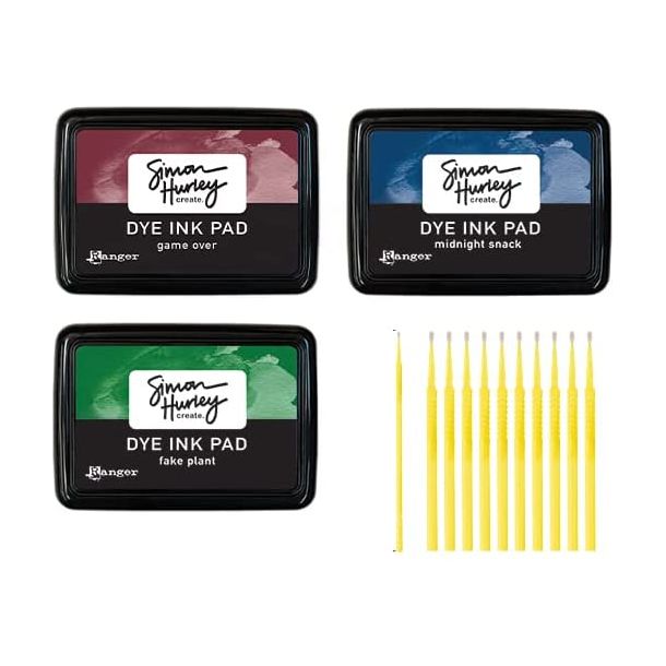 Ranger Simon Hurley Dye Ink Pad Bundles with TreBBies Fine Detail Sticks (Fake Plant, Game Over, Midnight Snack)