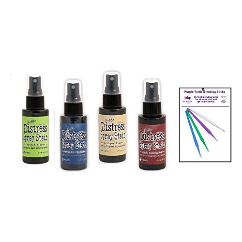 Ranger Distress Spray Stain Bundle - Includes 4 Perfectly Paired Distress Spray Stains with PTP Flash Deals Detail Sticks (Chipped Sapphire, Antinue Linen, Aged Mahogany, Twisted Citron)