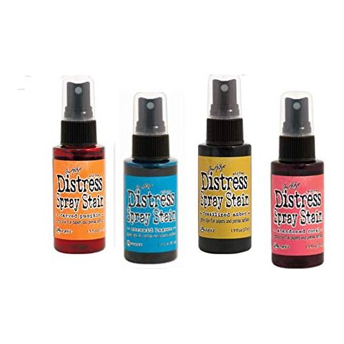 Ranger Distress Spray Stain Bundle - Includes 4 Perfectly Paired Distress Spray Stains with PTP Flash Deals Detail Sticks (Fossilized Amber, Carved Pumpkin, Mermaid Lagood, Abandoned Coral)
