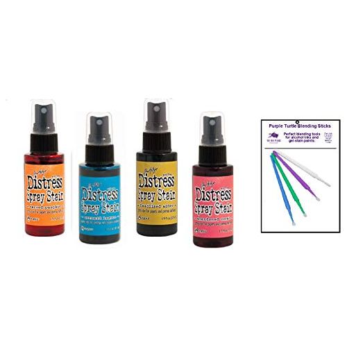 Ranger Distress Spray Stain Bundle - Includes 4 Perfectly Paired Distress Spray Stains with PTP Flash Deals Detail Sticks (Fossilized Amber, Carved Pumpkin, Mermaid Lagood, Abandoned Coral)