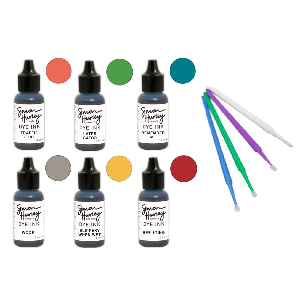Ranger Simon Hurley Bundle - 6 Dye Ink Collection with PTP Flash Deals Detail Sticks (REINKERS:Traffic Cone, Bee Sting, Woof!, Slippery Wet, Later Gator, Remember Me)