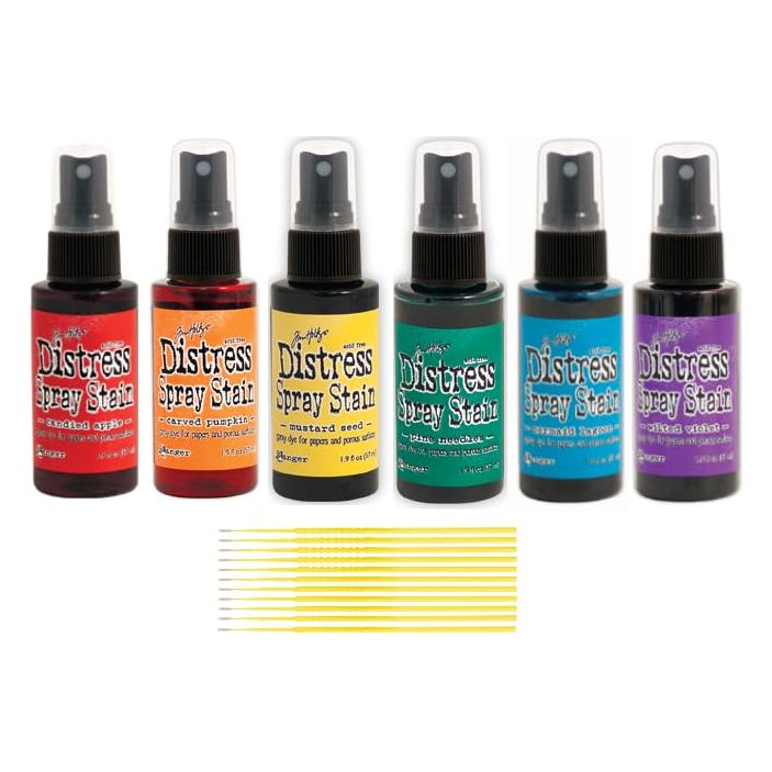 Ranger Tim Holtz Distress Spray Rainbow Bundle - Candied Apple, Mermaid Lagoon, Wilted Violet, Mustard Seed, Carved Pumpkin, Lucky Clover with Trebbies Detail Sticks