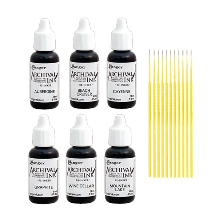 Archival Ink Bundle - Aubergine, Cayenne, Beach Cruiser, Graphite, Wine Cellar, Mountain Lake Archival Ink with Trebbie Detail Sticks (6 REINKERS)