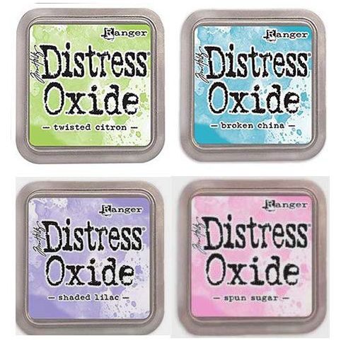 Tim Holtz Ranger Distress Oxide Ink Bundle - Four 3" x 3" Pads (L - Lights : Twisted Citron, Broken China, Shaded Lilac, and Spun Sugar)