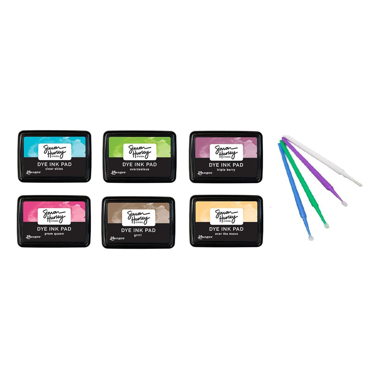 Ranger Simon Hurley Bundle - 6 Dye Ink Pad Collection with PTP Flash Deals Detail Sticks (Clear Skies, Overzealous, Over The Moon, Prom Queen, Grrr!, Triple Berry)
