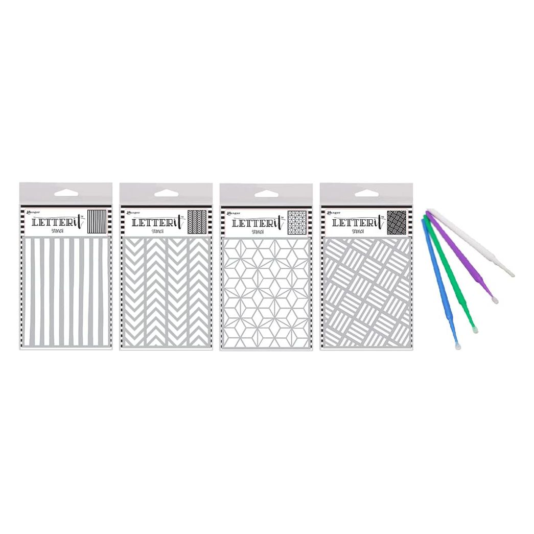 Ranger Letter It Bundle - 4 Fun Stencils with PTP Flash Deals Detail Sticks (Rocking Stipes Collection)