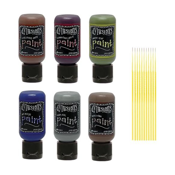 Dylusions Paint Bundle - 6 Flip Cap Art Journal Ready Waterproof Blendable Dylusions Paints with Trebbies Detail Sticks