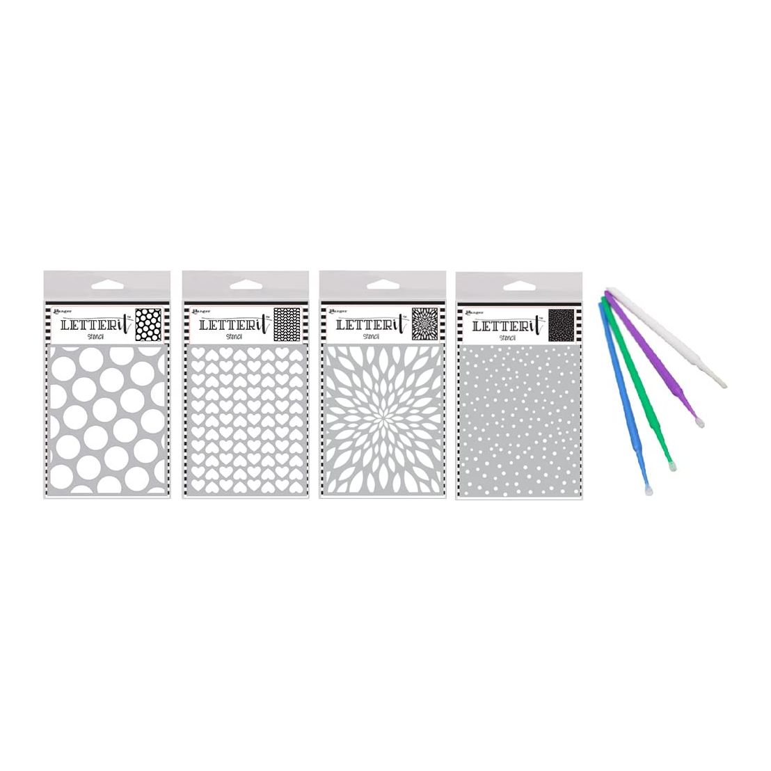 Ranger Letter It Bundle - 4 Fun Stencils with PTP Flash Deals Detail Sticks (Treading Hearts Collection)