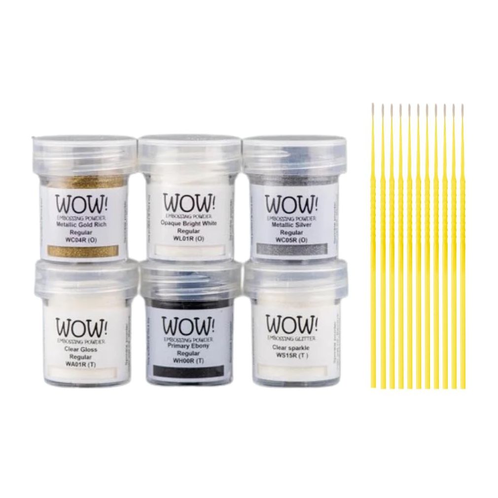 Wow! Embossing Powder Starter Kit - The 6 Essentials (Gold Metallic, Silver Metallic, Bright White, Ebony, Clear Regular and Clear Sparkle) with Trebbies Detail Sticks