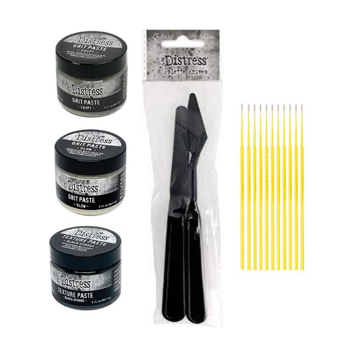 Trebbies Halloween Paste Bundle - Halloween Grit Paste Crypt, Halloween Grit Paste Glow, Texture Paste Black Opaque with 2pc. Distress Palette Knife Set and Trebbies Detail Sticks
