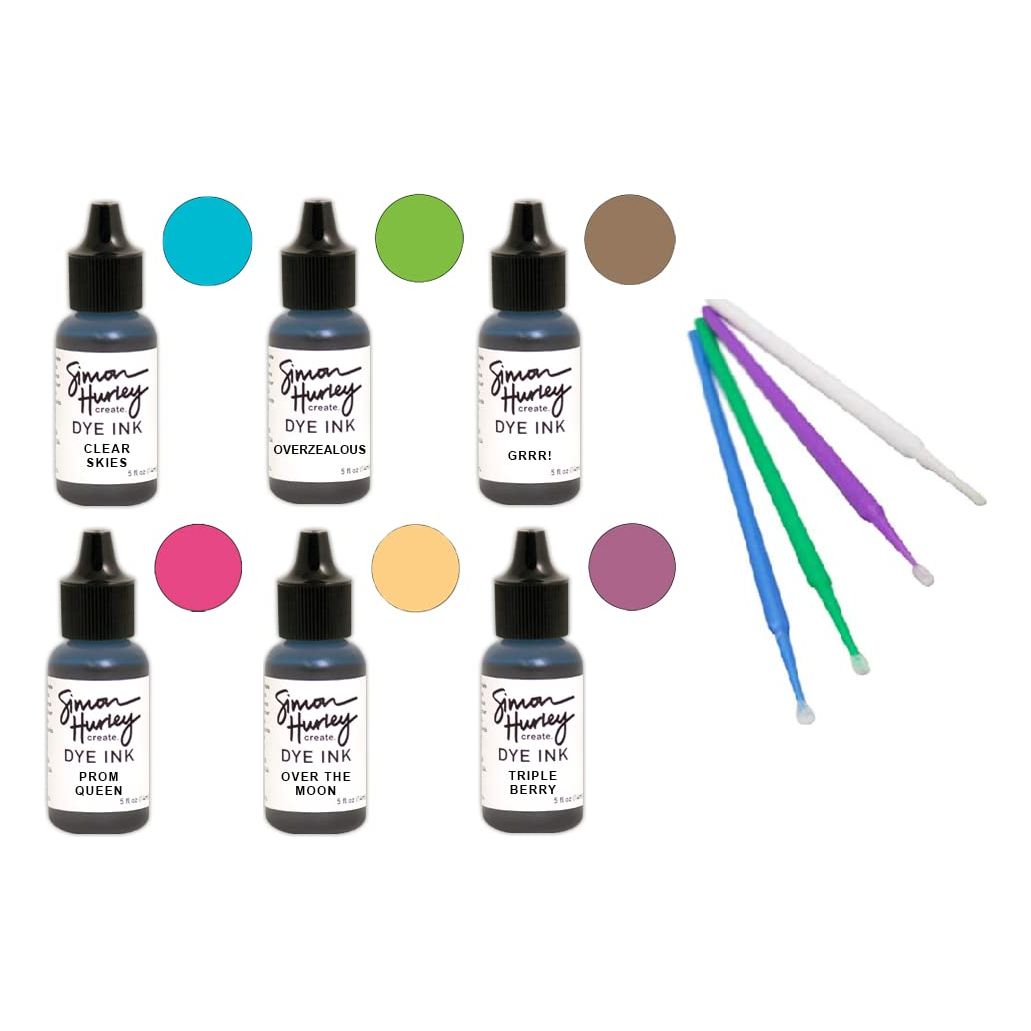 Ranger Simon Hurley Bundle - 6 Dye Ink Collection with PTP Flash Deals Detail Sticks (REINKERS: Clear Skies, Overzealous, Over Moon, Prom Queen, Grrr!, Triple Berry)