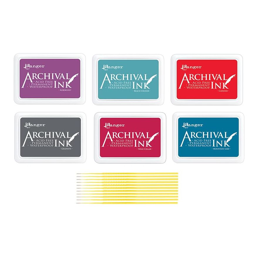 Archival Ink Bundle - Aubergine, Cayenne, Beach Cruiser, Graphite, Wine Cellar, Mountain Lake Archival Ink with Trebbie Detail Sticks (6 Ink Pads)