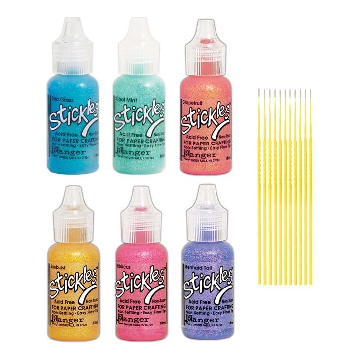 Glitter Glue Bundles - 6 Stickles .5 oz Glitter Glue Bottes with Trebbies Fine Detail Sticks (SEA Glass Collection)