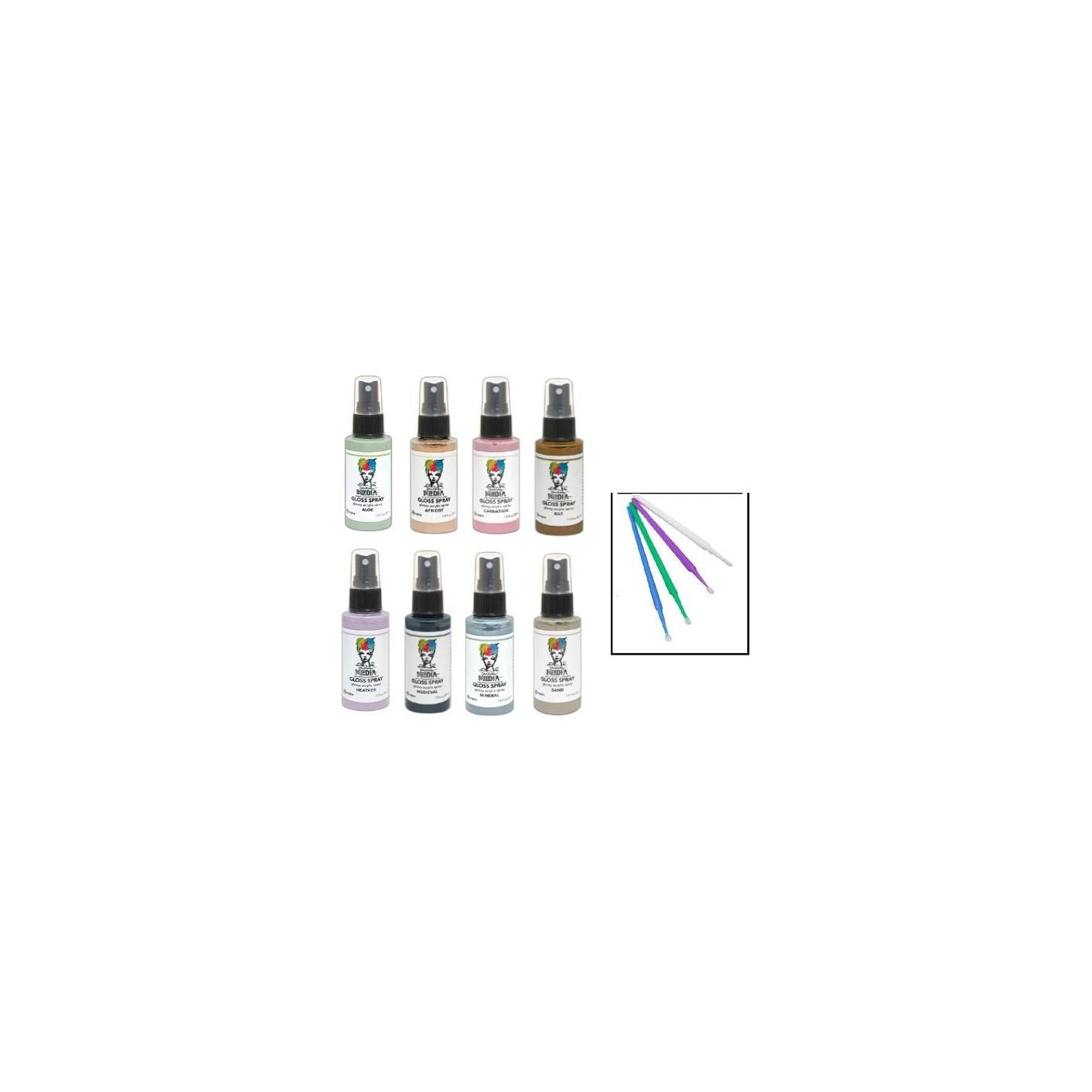 PTP Flash Deals NEW Ranger Dina Wakley Media Gloss Spray Bundle Blending Sticks (Aloe, Apricot, Carnation, Gilt, Heather, Medieval, Mineral, and Sand)