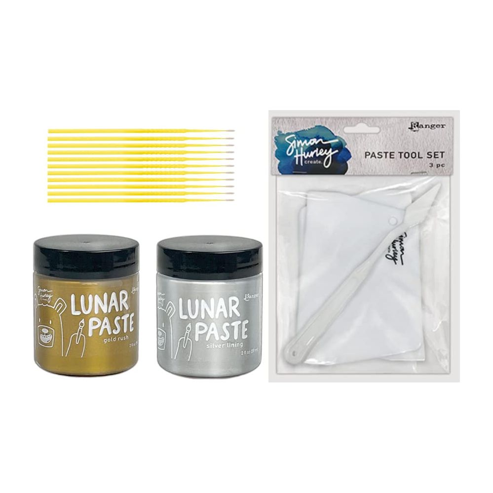 Simon Hurley Lunar Paste Bundle - Gold Rush and Silver Lining Lunar Paste - Includes 1 Palette Knife and 2 Scrapers - with Trebbies Detail Sticks