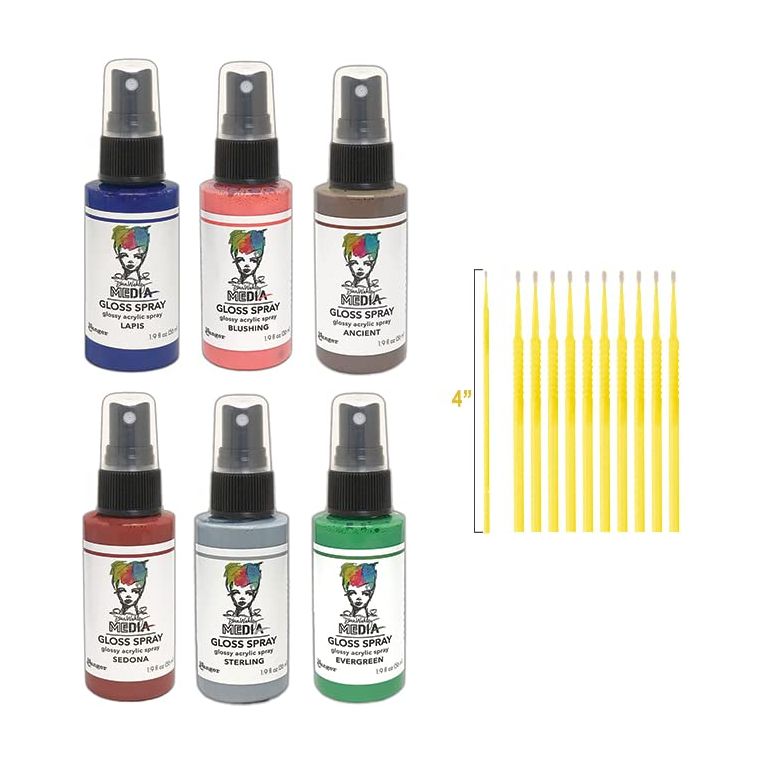 PTP Flash Deals NEW Ranger Dina Wakley Media Gloss Spray Bundle Blending Sticks (Sedona, Sterling, Ancient, Lapis, Evergreen, Blushing)