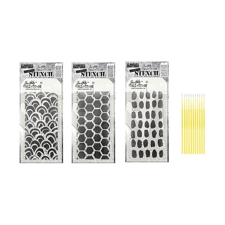 TH Stencil #166, 167, 168 Bundle - Brush Hex, Brush Arch, and Brush Mark Layering Stencils with Trebbies Detail Sticks