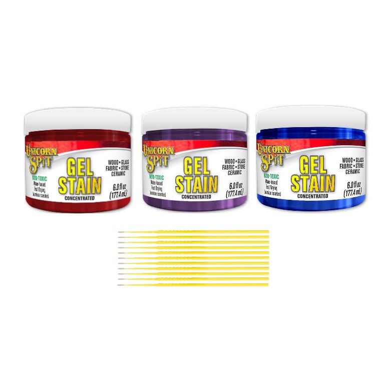 Unicorn SPiT Gel Stain Bundle: 6 oz. Water-Based Gel Stain Concentrate Bundles with Trebbies Detail Sticks (Blue Thunder, Molly Red Pepper, Purple Hill Majesty)