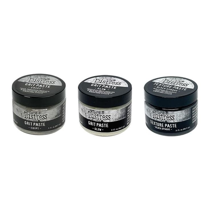 Trebbies Halloween Paste Bundle - Halloween Grit Paste Crypt, Halloween Grit Paste Glow, Texture Paste Black Opaque with 2pc. Distress Palette Knife Set and Trebbies Detail Sticks