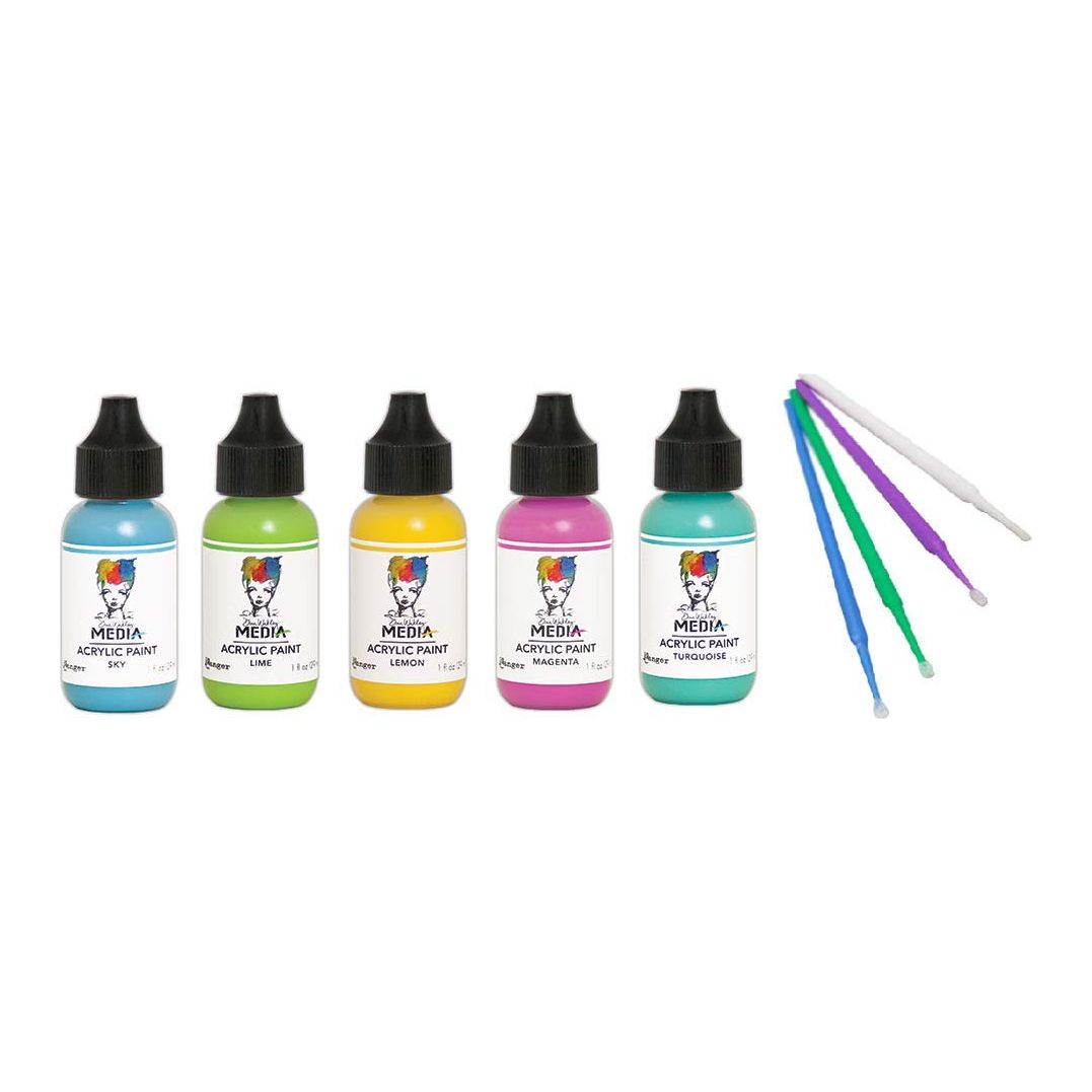 PTP Flash Deals Ranger Acrylic Paint Bundle - 5 Dina Wakley Media Acrylic Paints Blending Sticks (Brilliantly Bright - Sky, Lime, Turquoise, Lemon, and Magenta)