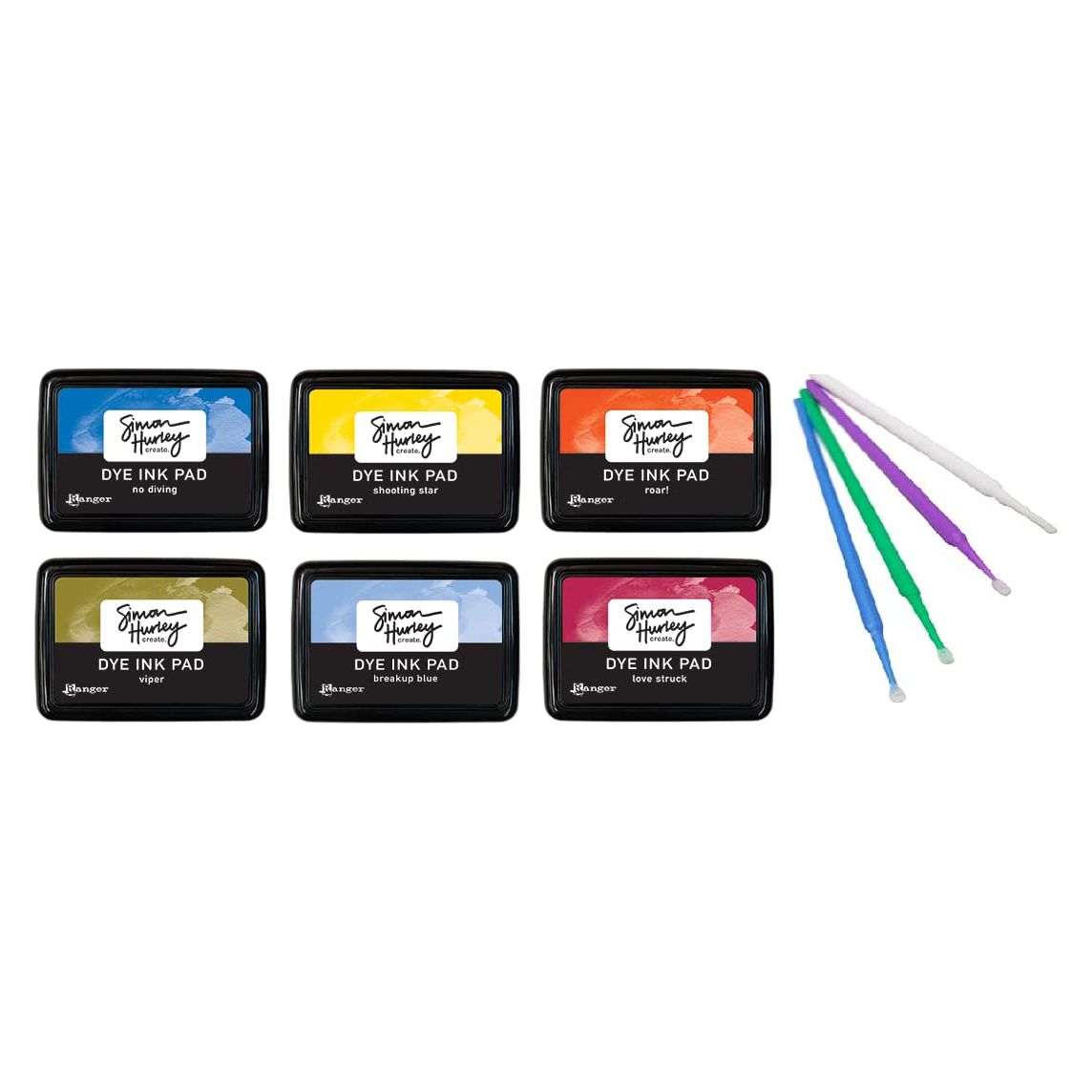 Ranger Simon Hurley Bundle - 6 Dye Ink Pad Collection with PTP Flash Deals Detail Sticks (No Diving, Love Struck, Roar!, Viper, Shooting Star, Breakup Blue)