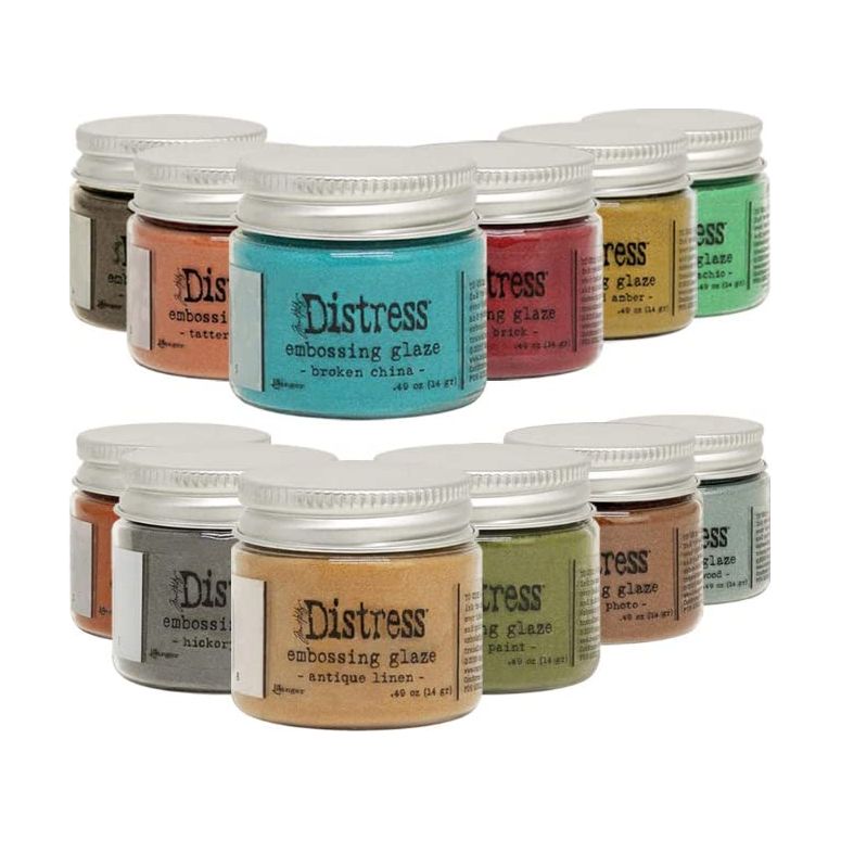 New Ranger Tim Holtz Distress Embossing Glaze - Includes PTP Flash Deals Blending Sticks (12 Complete Collection with Storage Tin)