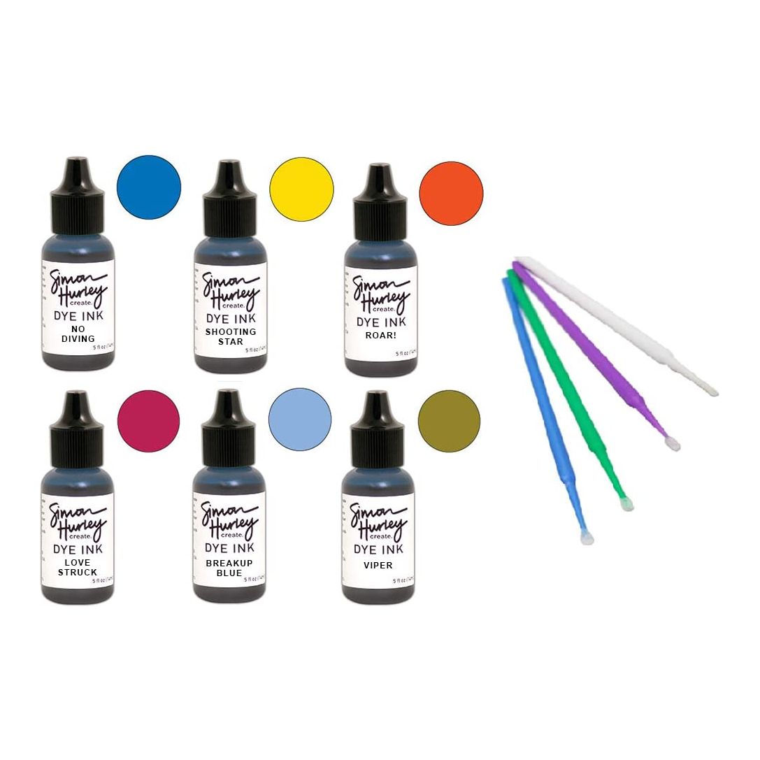 Ranger Simon Hurley Bundle - 6 Dye Ink Collection with PTP Flash Deals Detail Sticks (REINKERS: No Diving, Love Struck, Roar!, Viper, Shooting Star, Breakup Blue)