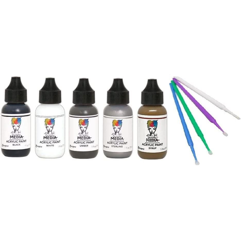 PTP Flash Deals Ranger Acrylic Paint Bundle - 5 Dina Wakley Media Acrylic Paints Blending Sticks (Black, White, Umber, Sterling, Syrup)