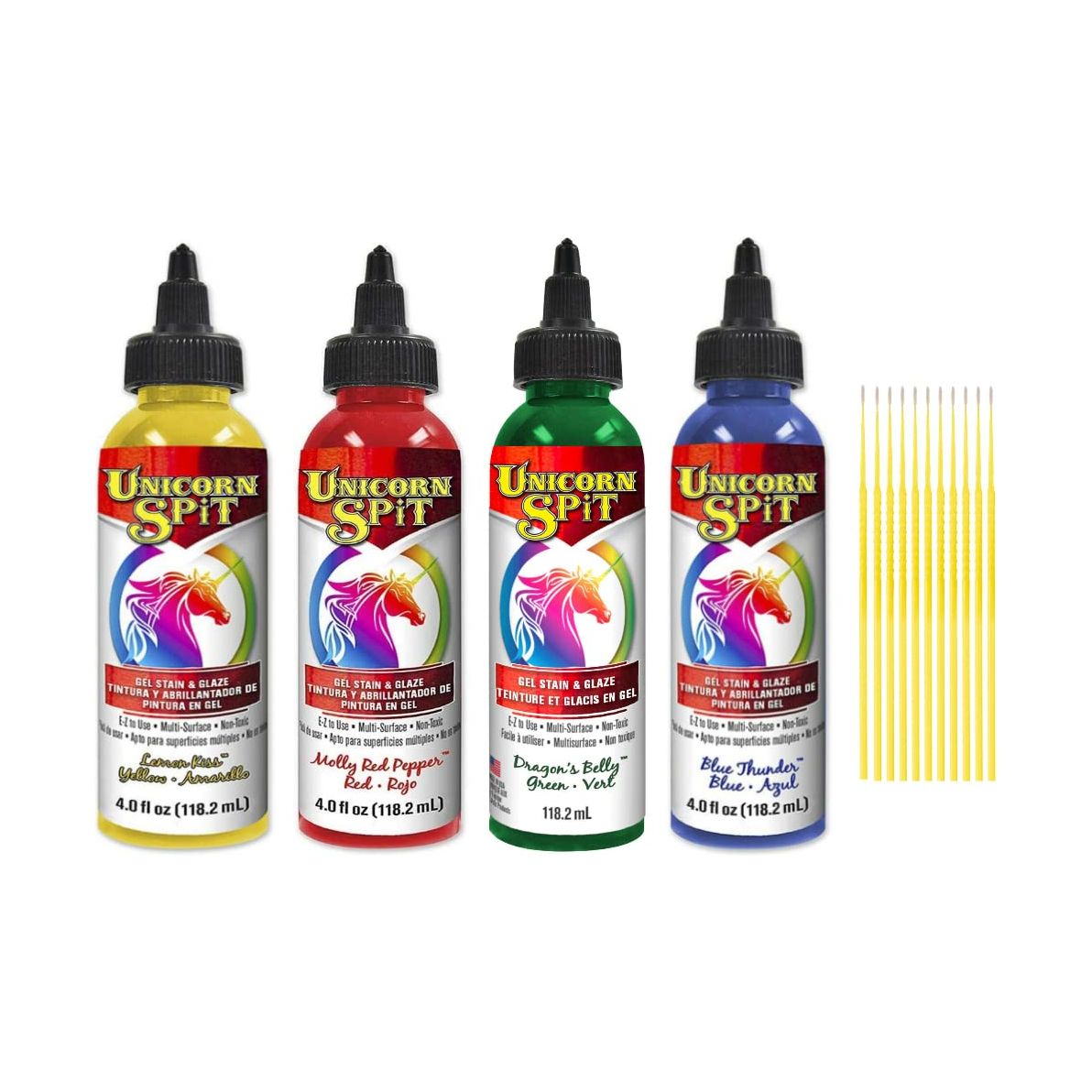 Unicorn SPiT Gel and Glaze Stain in one Bundles - 4 4oz. Bottles with Trebbies Detail Sticks (Joy Collection)