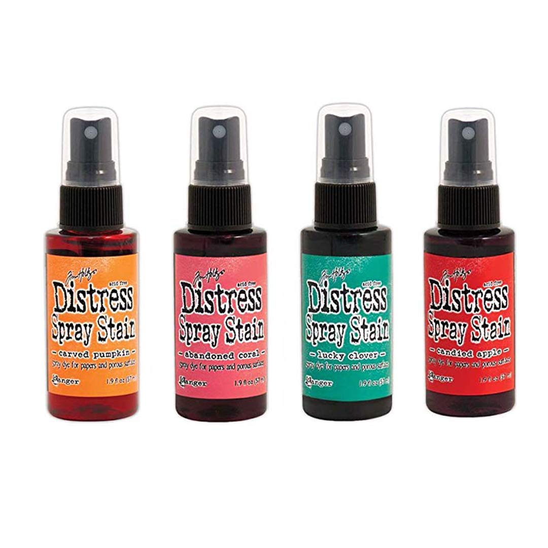 Tim Holtz - Distress 4pk Spray Stain - Lucky Clover, Candied Apple, Carved Pumpkin, Abandoned Coral